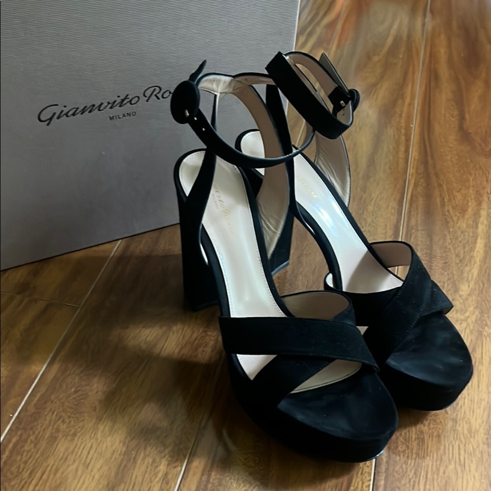 Gianvito Rossi Black Suede Platform Ankle-Strap Heels
